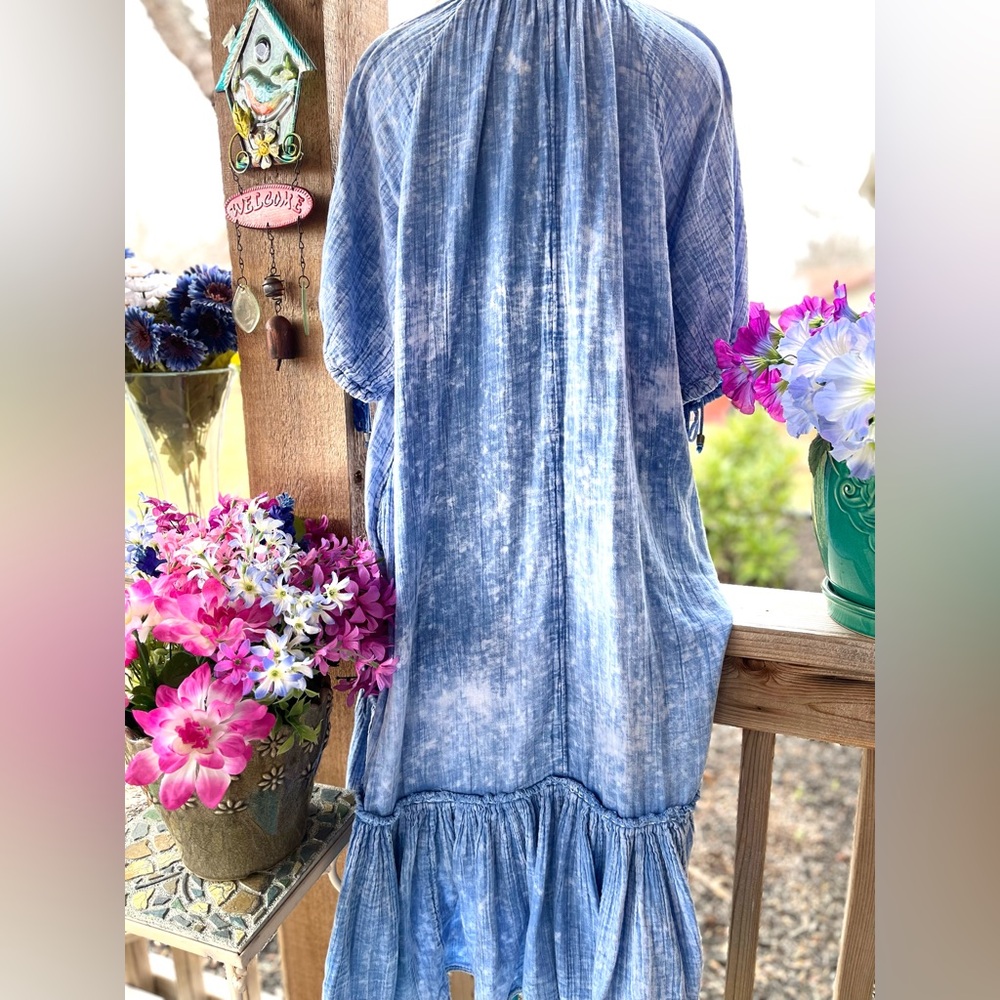 Free People Blue Soft Puckered Cotton Loose w Puff Sleeves/Pockets Midi Dress L - Picture 5 of 11